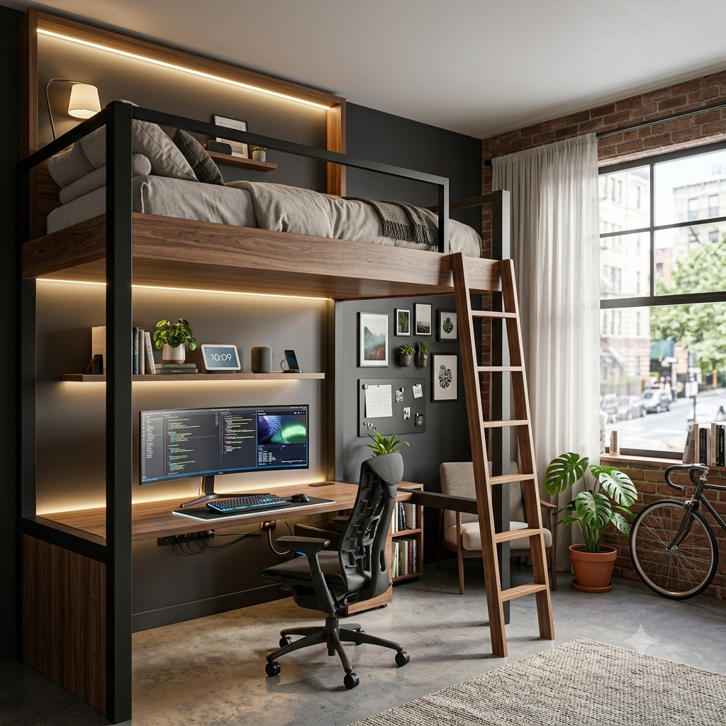 Loft bed with underneath smart home office setup, vertical layered living zones